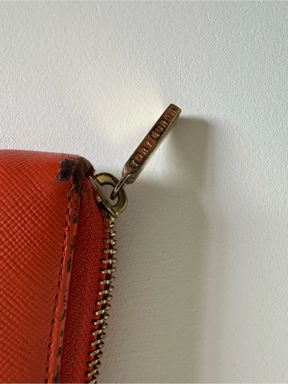 Tory Burch Coral-Orange Zip Wallet with Gold Logo